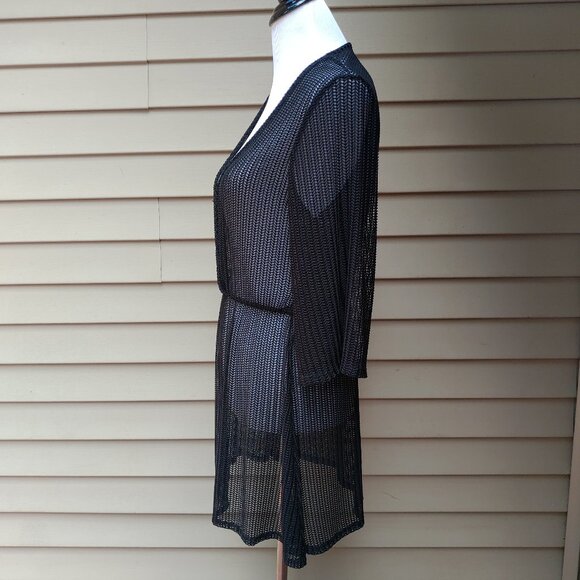 Black Sheer Swimsuit Cover-Up Plunging V-Neck 3/4 Sleeves Beach Vacation Cruise - Picture 6 of 8